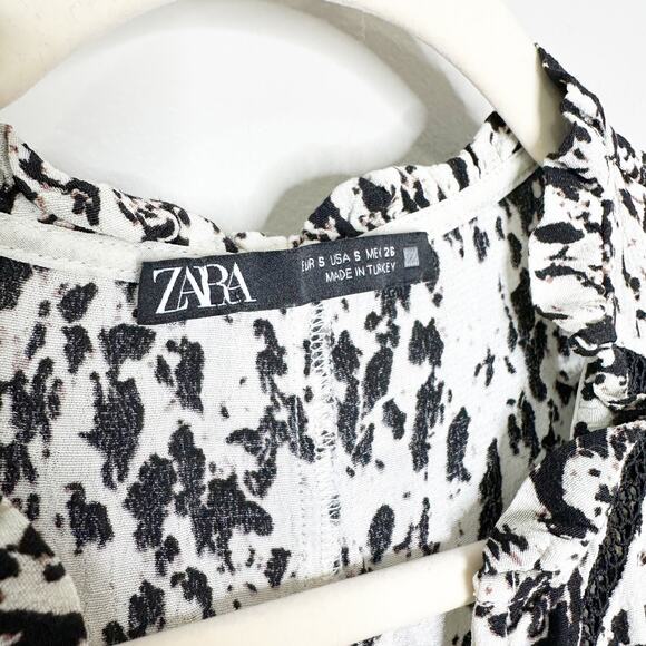ZARA Womens Dress V-Neck 3/4 Sleeve Midi Length Splatter Pattern Black White S - Picture 5 of 5